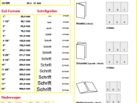 Darstellung von gängigen DIN-Papierformate, Zoll-Formaten, Skalierungen, Schriftgrößen und Falzarten
